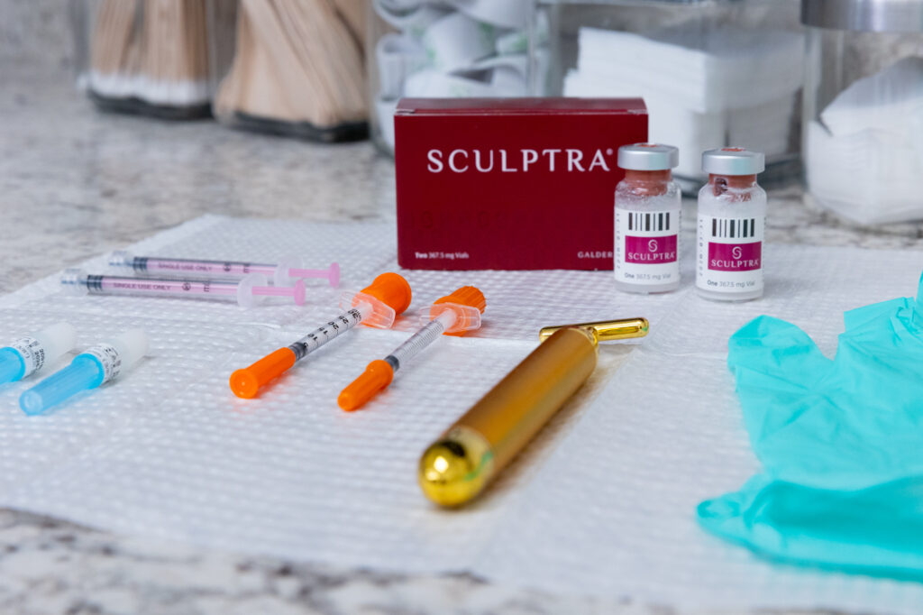 Photo of Sculptra near Oro Valley, AZ, along with syringes, needles, and gloves